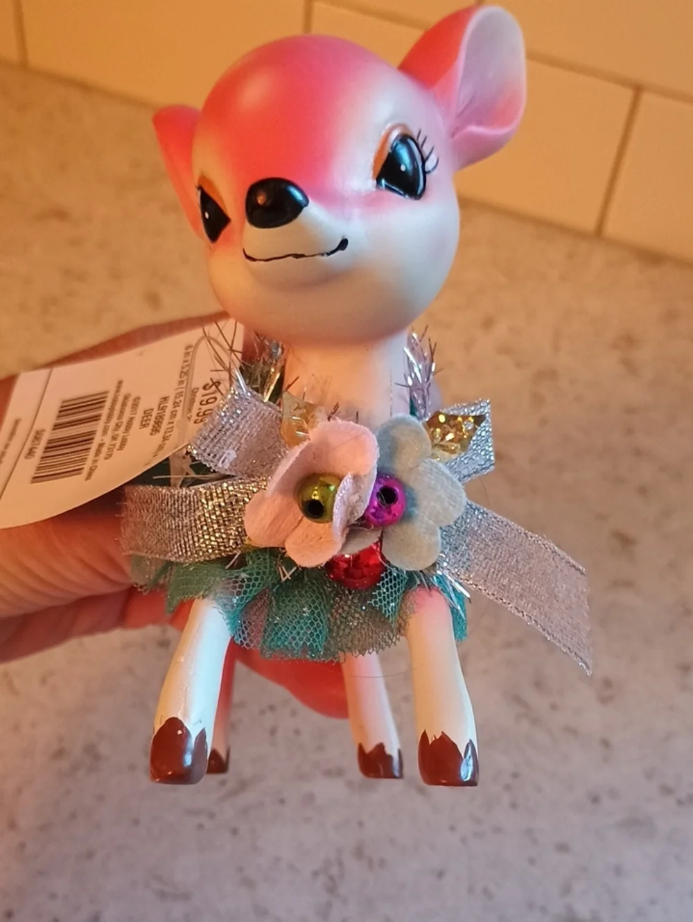 NWT Hobby Lobby Pink Fawn Figurine with Green Tulle Collar-Super Cute!
